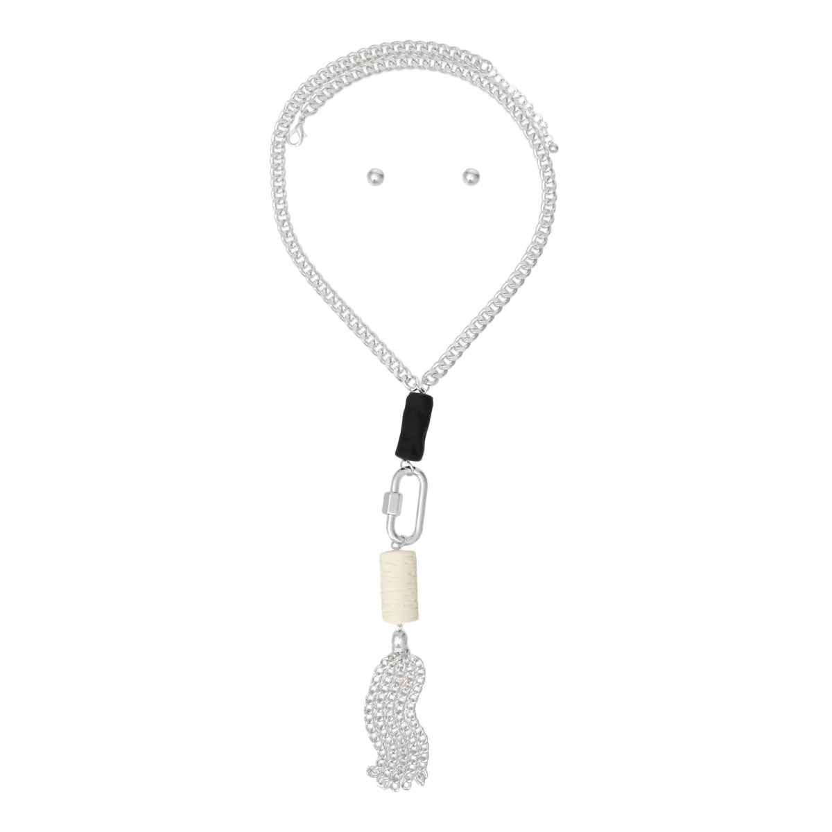 Long Silver Chain Carabiner Black Tassel Necklace