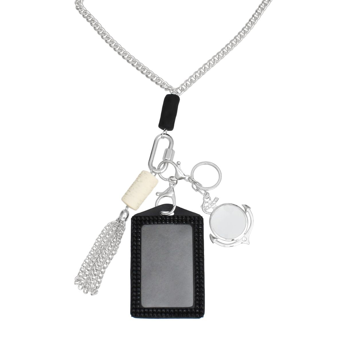 Long Silver Chain Carabiner Black Tassel Necklace