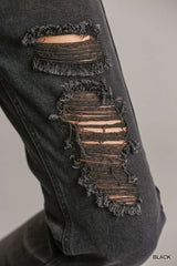 5 Pockets Non-stretch Straight Cut Distressed Denim Jeans With Raw Hem - Fit Me For 20