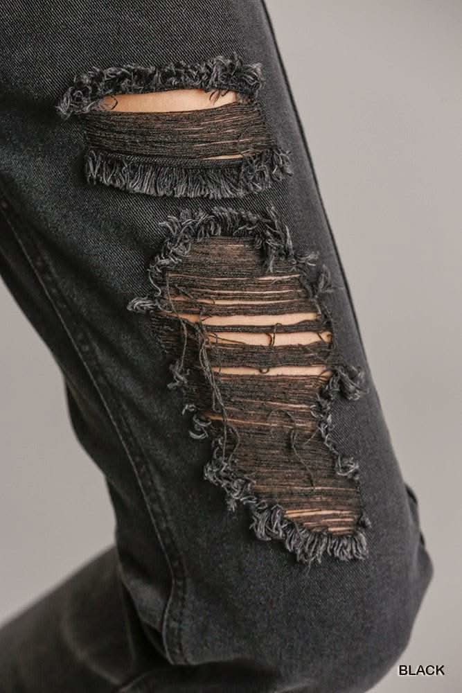 5 Pockets Non-stretch Straight Cut Distressed Denim Jeans With Raw Hem - Fit Me For 20
