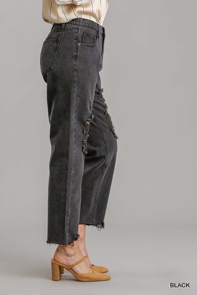 5 Pockets Non-stretch Straight Cut Distressed Denim Jeans With Raw Hem - Fit Me For 20