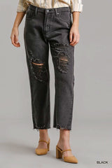 5 Pockets Non-stretch Straight Cut Distressed Denim Jeans With Raw Hem - Fit Me For 20