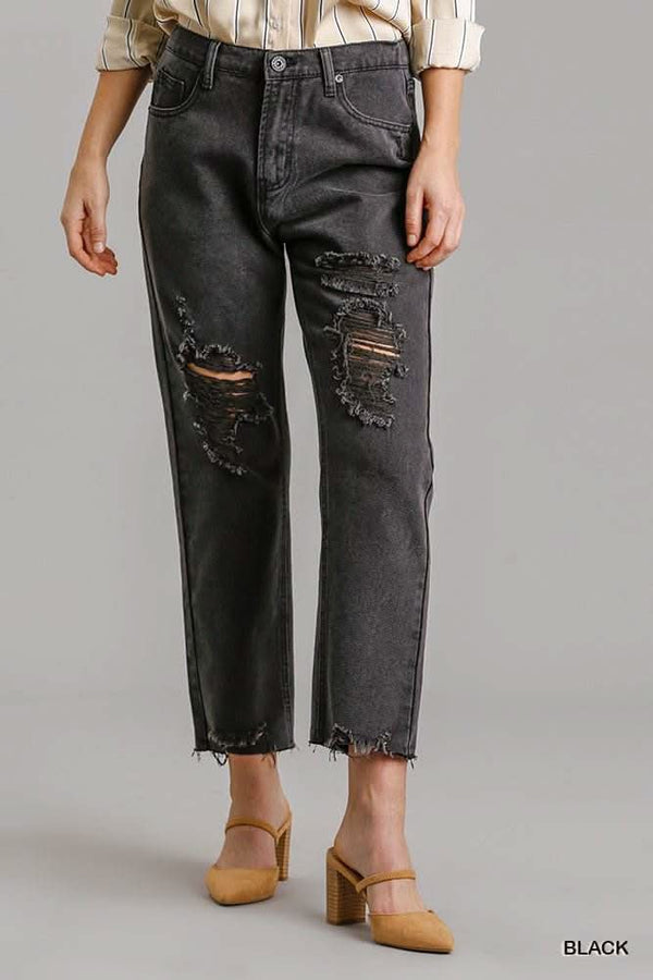 5 Pockets Non-stretch Straight Cut Distressed Denim Jeans With Raw Hem - Fit Me For 20