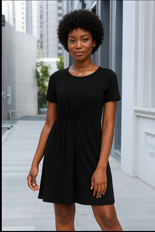 Round Neck Loose Pleated Short Sleeve Tunic Dress