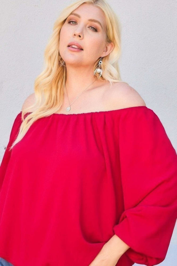 Off Shoulder Long Bubble Sleeve Solid Top - Fit Me For 20