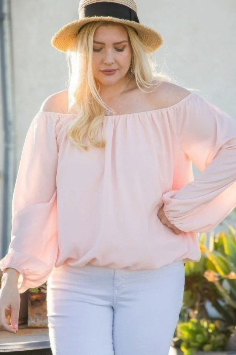 Off Shoulder Long Bubble Sleeve Solid Top - Fit Me For 20