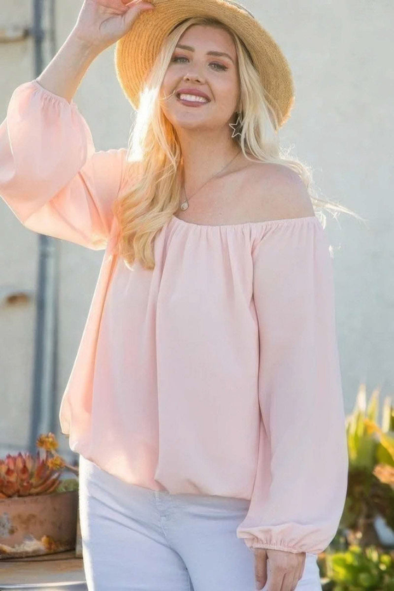 Off Shoulder Long Bubble Sleeve Solid Top - Fit Me For 20