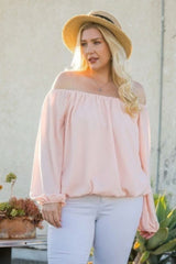 Off Shoulder Long Bubble Sleeve Solid Top - Fit Me For 20