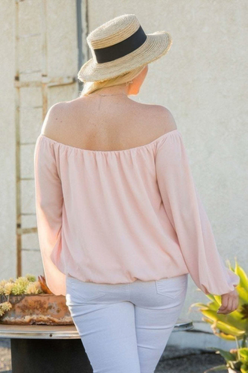 Off Shoulder Long Bubble Sleeve Solid Top - Fit Me For 20