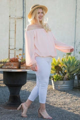 Off Shoulder Long Bubble Sleeve Solid Top - Fit Me For 20