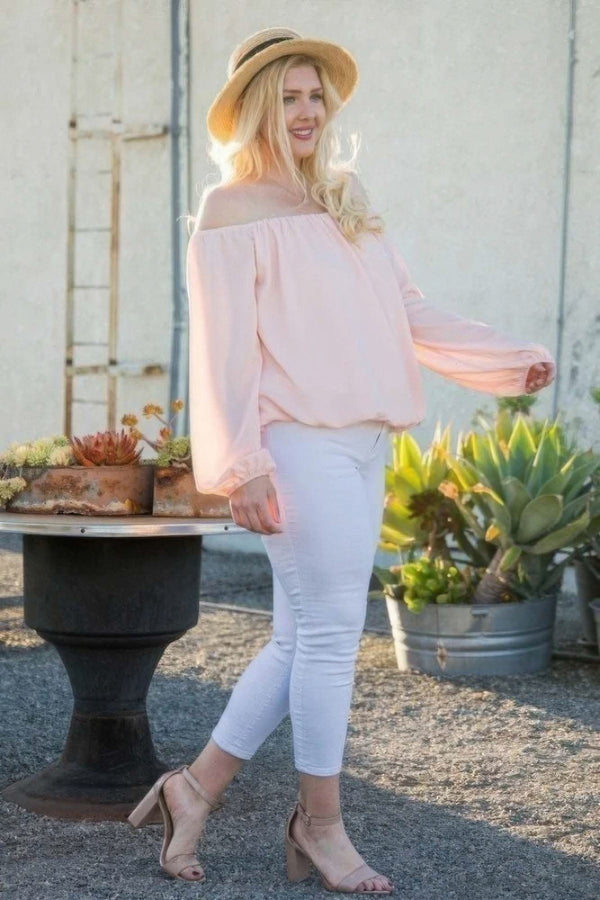 Off Shoulder Long Bubble Sleeve Solid Top - Fit Me For 20