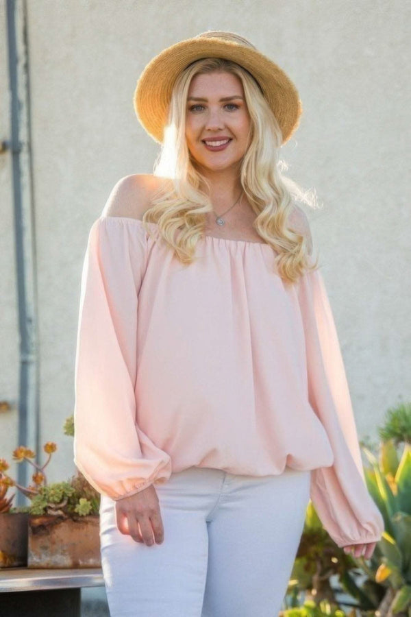 Off Shoulder Long Bubble Sleeve Solid Top - Fit Me For 20