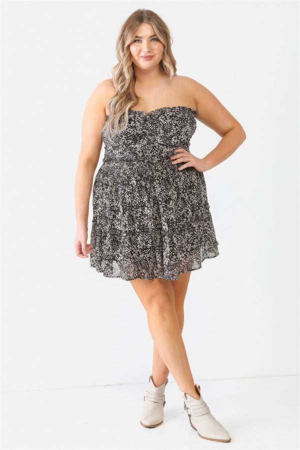 Plus Floral Print Ruched Ruffle Smocked Back Top & High Waist Flare Hem Mini Skirt Set - Fit Me For 20