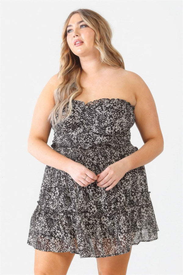 Plus Floral Print Ruched Ruffle Smocked Back Top & High Waist Flare Hem Mini Skirt Set - Fit Me For 20
