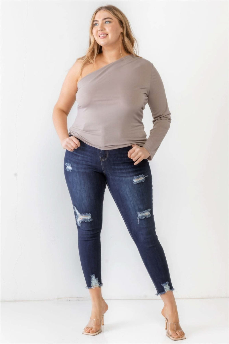 Plus Mocha Textured One Shoulder Top - Fit Me For 20