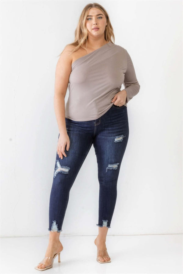 Plus Mocha Textured One Shoulder Top - Fit Me For 20