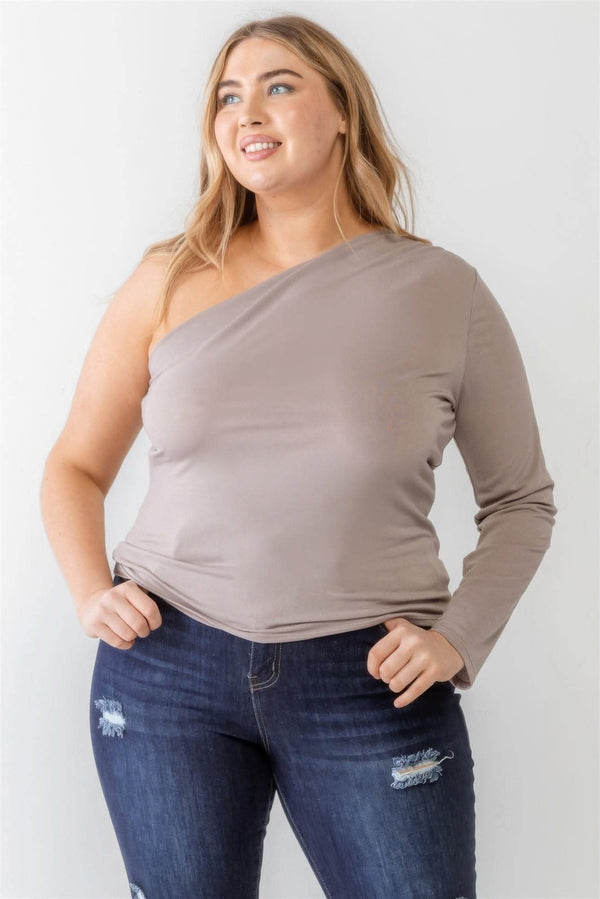 Plus Mocha Textured One Shoulder Top - Fit Me For 20