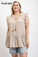 Woven Prints Mixed And Sleeveless Flutter Top With Tassel Tie - Fit Me For 20
