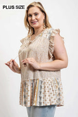 Woven Prints Mixed And Sleeveless Flutter Top With Tassel Tie - Fit Me For 20