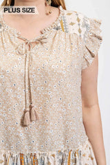 Woven Prints Mixed And Sleeveless Flutter Top With Tassel Tie - Fit Me For 20