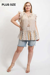 Woven Prints Mixed And Sleeveless Flutter Top With Tassel Tie - Fit Me For 20
