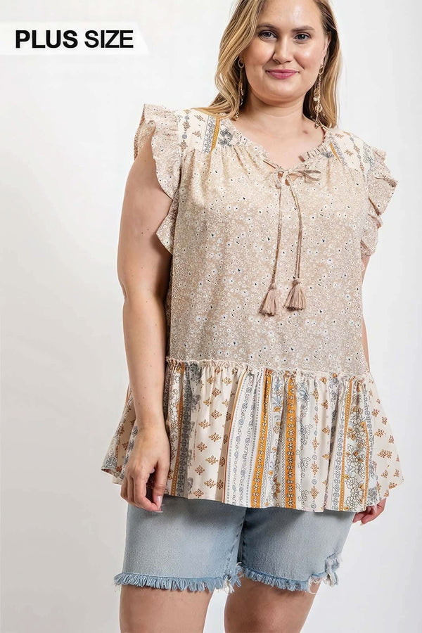 Woven Prints Mixed And Sleeveless Flutter Top With Tassel Tie - Fit Me For 20