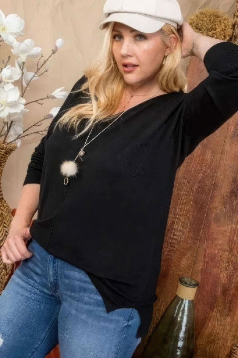 Plus Size V Neck 3/4 Sleeve Side Slit Hi-lo Sweater - Fit Me For 20
