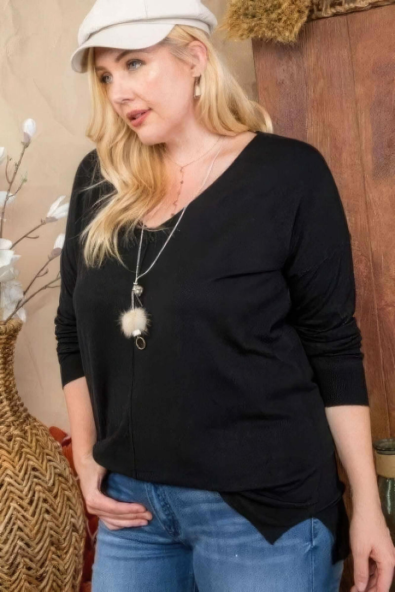 Plus Size V Neck 3/4 Sleeve Side Slit Hi-lo Sweater - Fit Me For 20