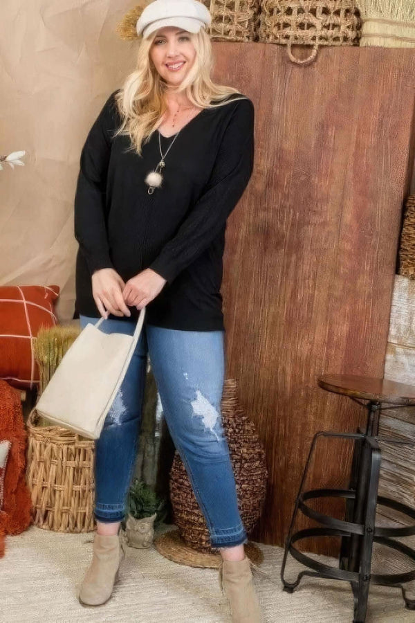 Plus Size V Neck 3/4 Sleeve Side Slit Hi-lo Sweater - Fit Me For 20