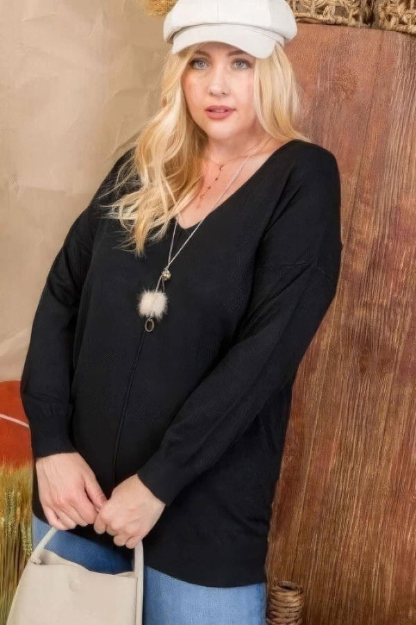 Plus Size V Neck 3/4 Sleeve Side Slit Hi-lo Sweater - Fit Me For 20