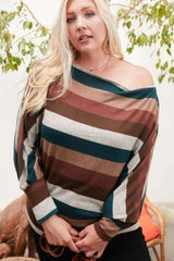 Boat Neck Long Bubble Sleeve Multi Stripe Print Knit Top - Fit Me For 20