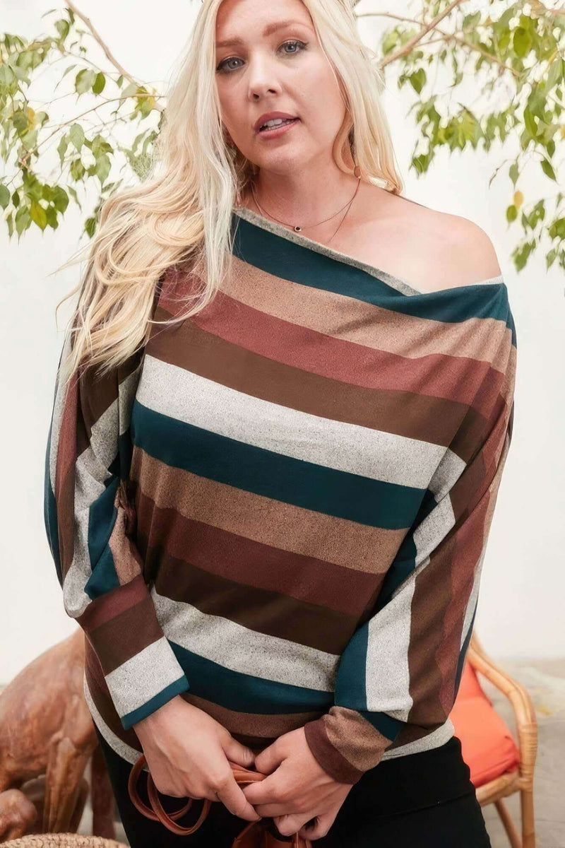 Boat Neck Long Bubble Sleeve Multi Stripe Print Knit Top - Fit Me For 20