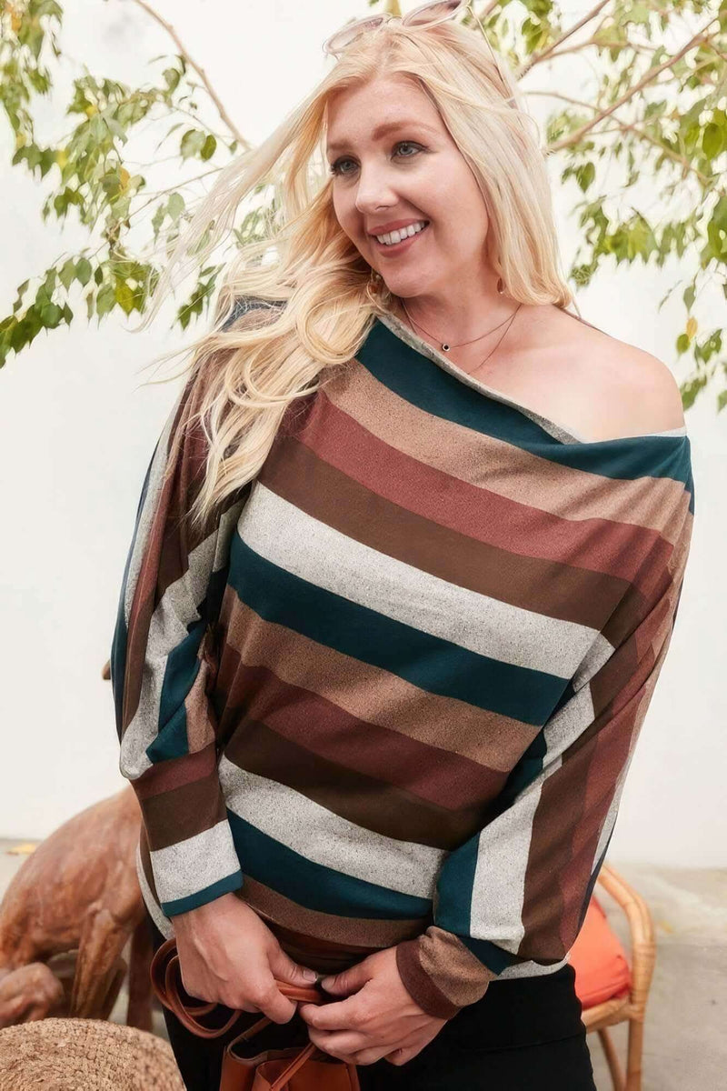 Boat Neck Long Bubble Sleeve Multi Stripe Print Knit Top - Fit Me For 20