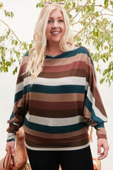 Boat Neck Long Bubble Sleeve Multi Stripe Print Knit Top - Fit Me For 20