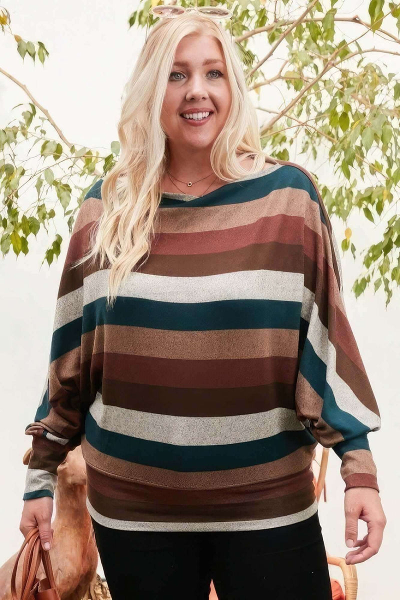 Boat Neck Long Bubble Sleeve Multi Stripe Print Knit Top - Fit Me For 20