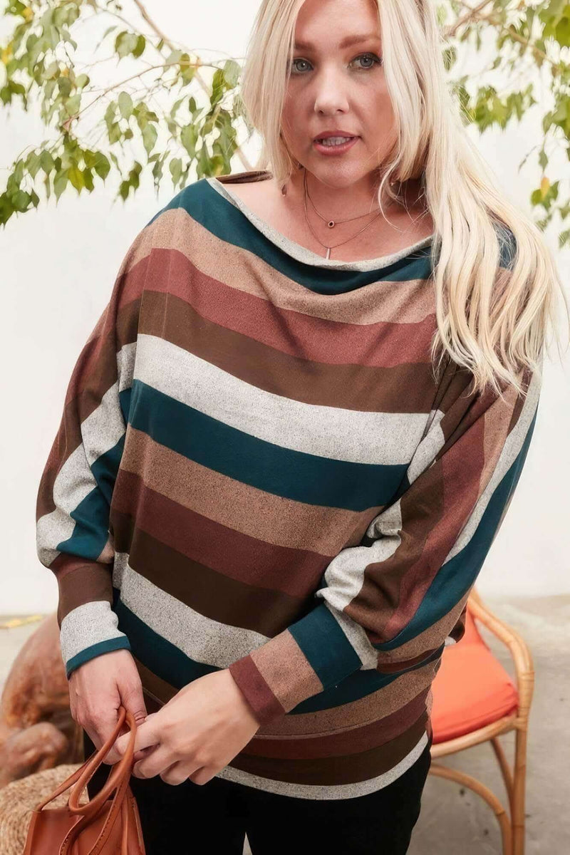 Boat Neck Long Bubble Sleeve Multi Stripe Print Knit Top - Fit Me For 20