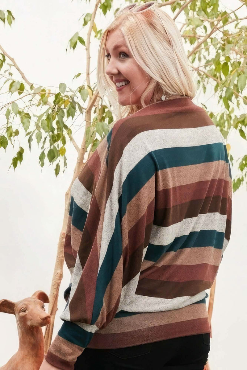 Boat Neck Long Bubble Sleeve Multi Stripe Print Knit Top - Fit Me For 20