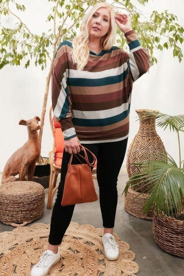 Boat Neck Long Bubble Sleeve Multi Stripe Print Knit Top - Fit Me For 20