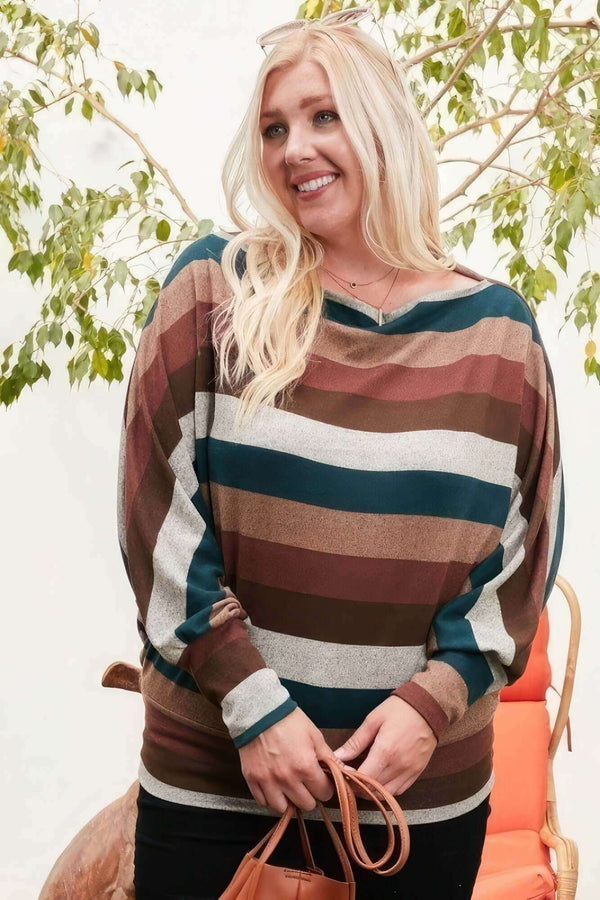 Boat Neck Long Bubble Sleeve Multi Stripe Print Knit Top - Fit Me For 20