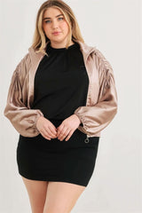 Plus Satin Zip-up Ruched Long Sleeve Cropped Bomber Jacket - Fit Me For 20