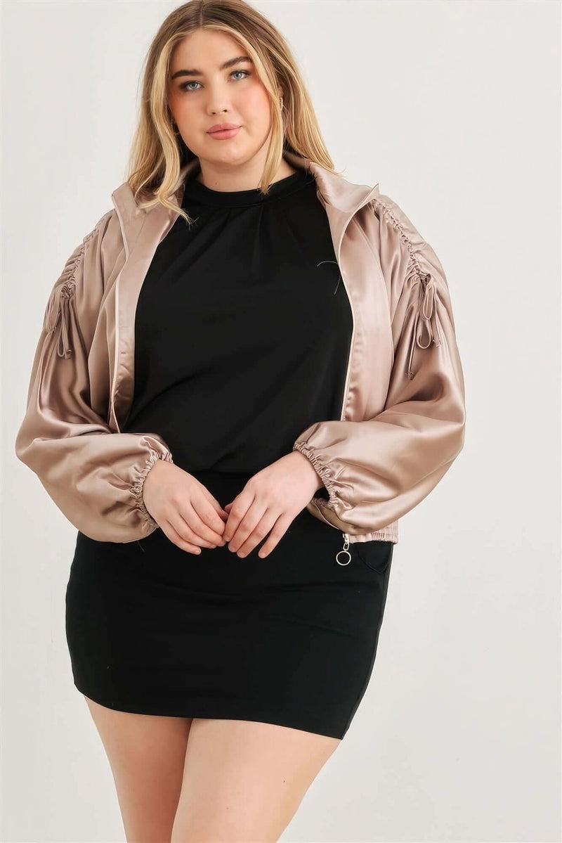 Plus Satin Zip-up Ruched Long Sleeve Cropped Bomber Jacket - Fit Me For 20
