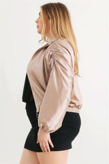 Plus Satin Zip-up Ruched Long Sleeve Cropped Bomber Jacket - Fit Me For 20