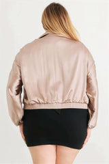 Plus Satin Zip-up Ruched Long Sleeve Cropped Bomber Jacket - Fit Me For 20