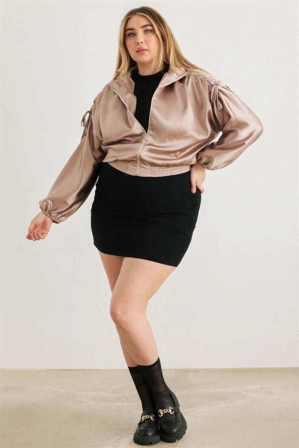 Plus Satin Zip-up Ruched Long Sleeve Cropped Bomber Jacket - Fit Me For 20