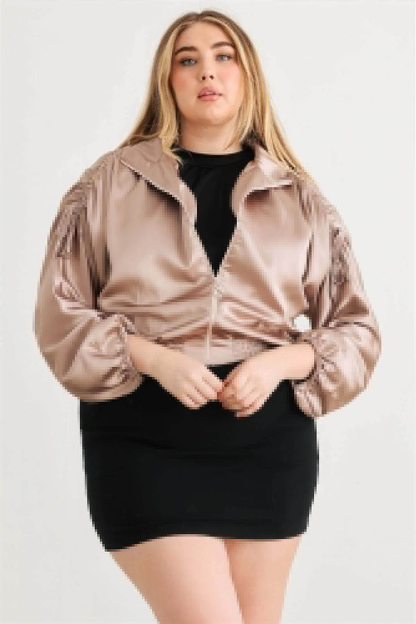 Plus Satin Zip-up Ruched Long Sleeve Cropped Bomber Jacket - Fit Me For 20