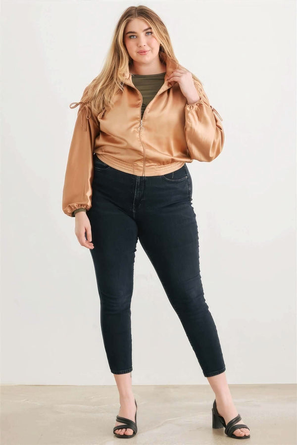 Plus Satin Zip-up Ruched Long Sleeve Cropped Bomber Jacket - Fit Me For 20
