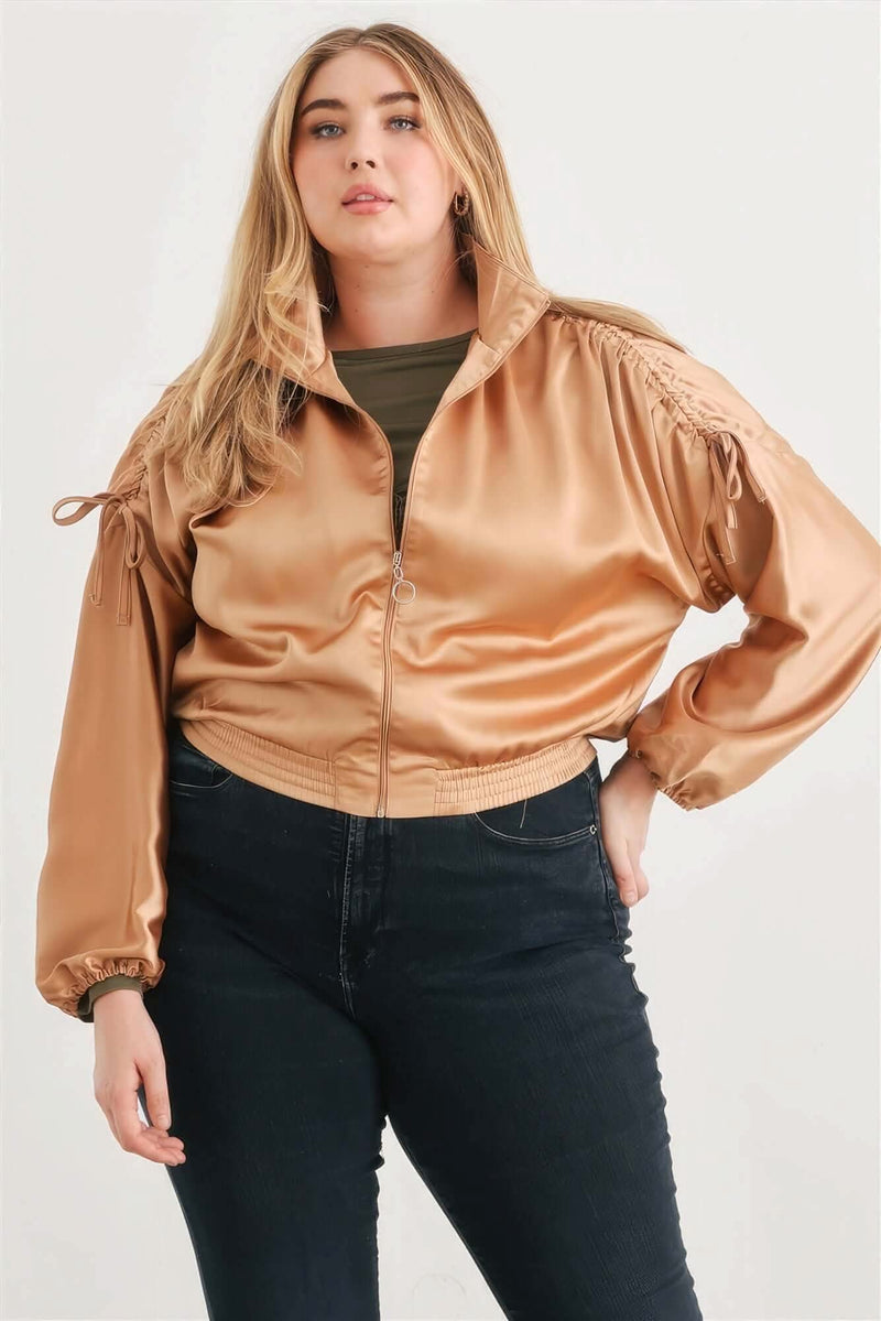 Plus Satin Zip-up Ruched Long Sleeve Cropped Bomber Jacket - Fit Me For 20