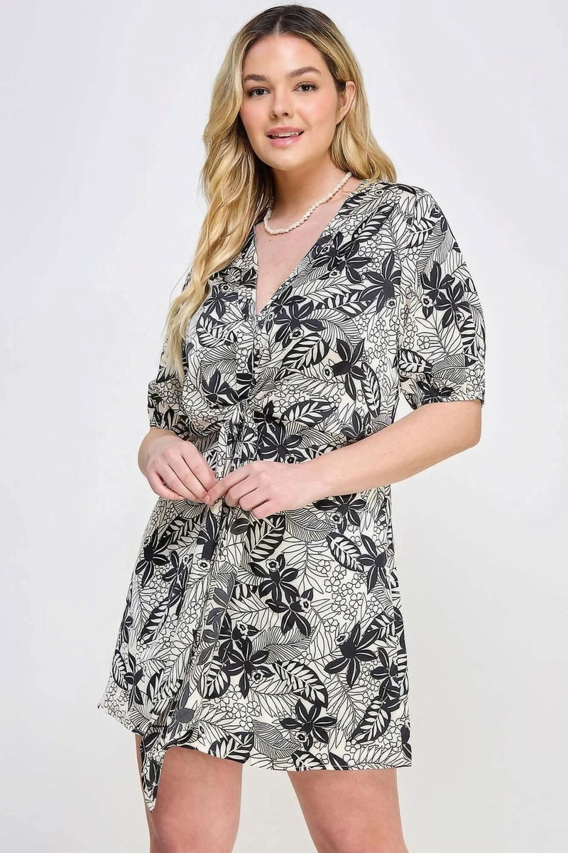 Plus Botanical Print Front Tie Dress - Fit Me For 20