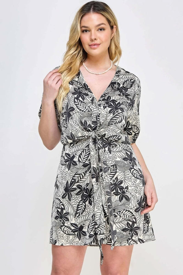 Plus Botanical Print Front Tie Dress - Fit Me For 20