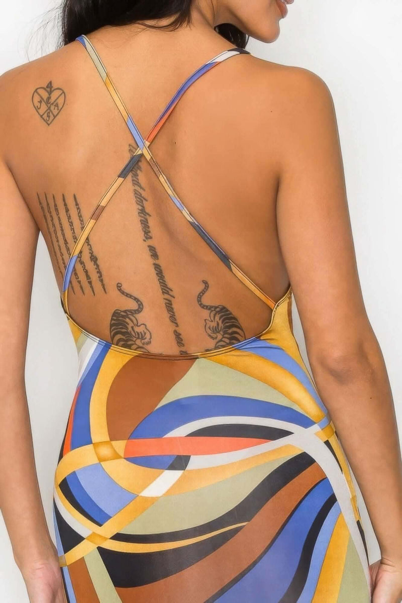 Crossed Back Marble Print Multicolor Midi Dress - Fit Me For 20